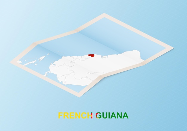 Folded paper map of French Guiana with neighboring countries in isometric style.