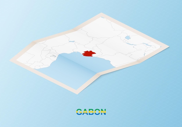 Folded paper map of Gabon with neighboring countries in isometric style.