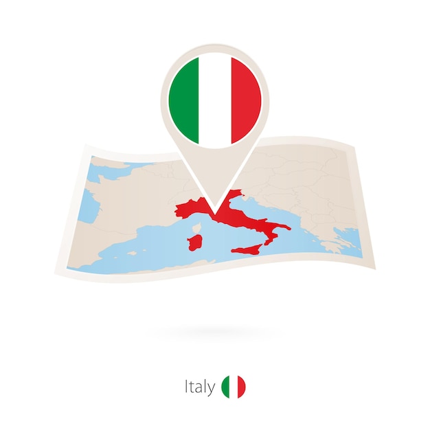 Folded paper map of Italy with flag pin of Italy