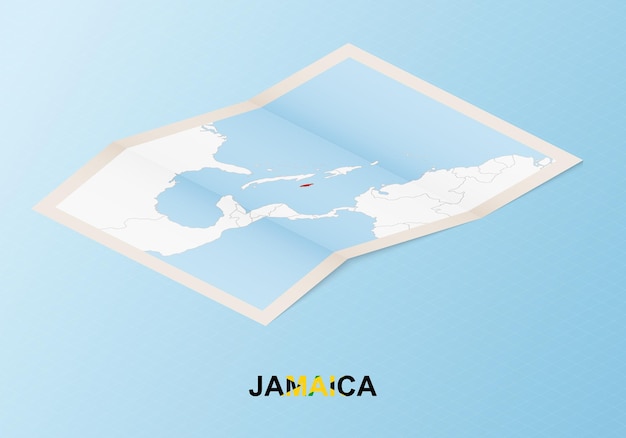 Folded paper map of Jamaica with neighboring countries in isometric style.