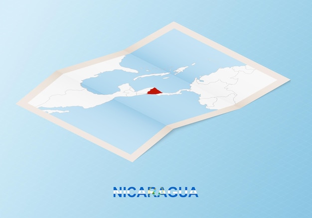 Folded paper map of Nicaragua with neighboring countries in isometric style.