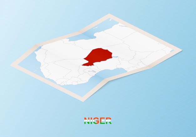 Folded paper map of Niger with neighboring countries in isometric style.