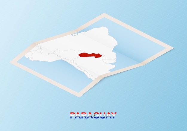 Folded paper map of Paraguay with neighboring countries in isometric style.