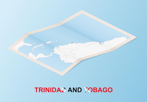 Folded paper map of Trinidad and Tobago with neighboring countries in isometric style.