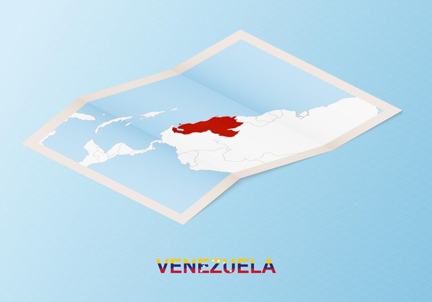 Folded paper map of Venezuela with neighboring countries in isometric style.