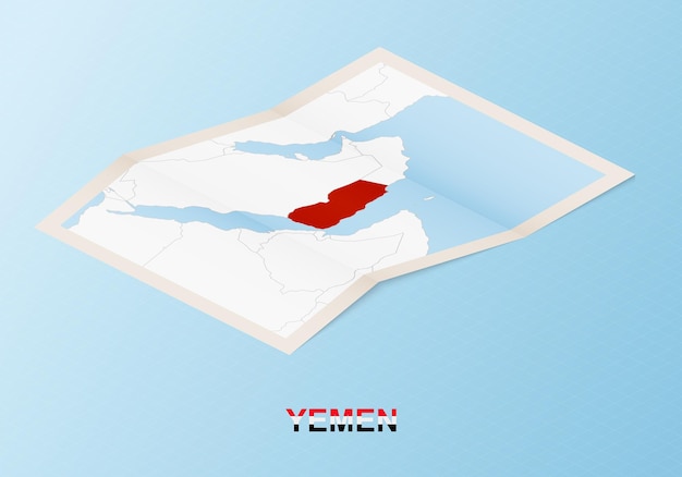 Folded paper map of Yemen with neighboring countries in isometric style.