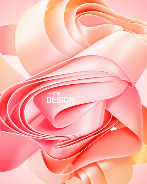 Folded rose pink ribbon shape. Vector 3d illustration. Abstract layered textile shape.