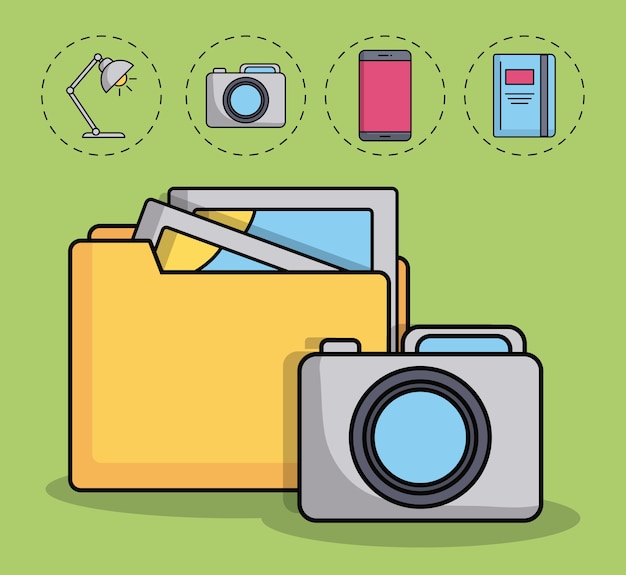 folder and camera with creative process related icons