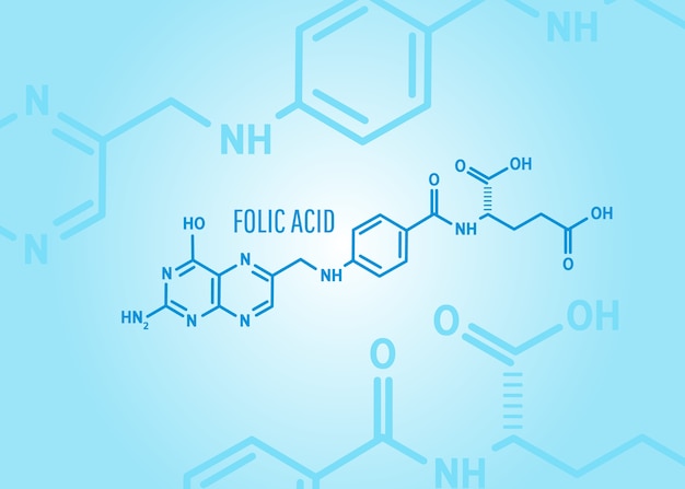 Folic acid or vitamin b9 chemical formula on a blue medical background with molecules