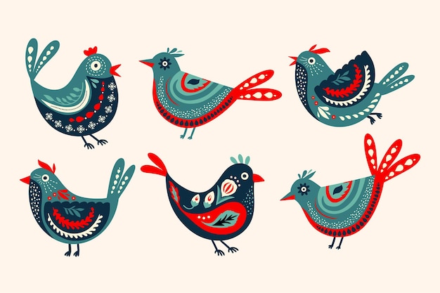 Folk Art Bird Vector Set Scandinavian Norge Sticker Cartoon Doodle Folk Collection