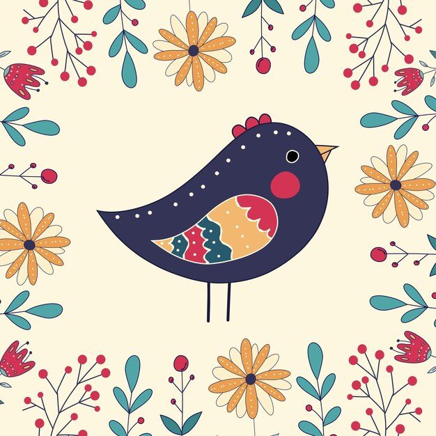 Vector folk vector card with colorful bird and bright flowers cute chicken