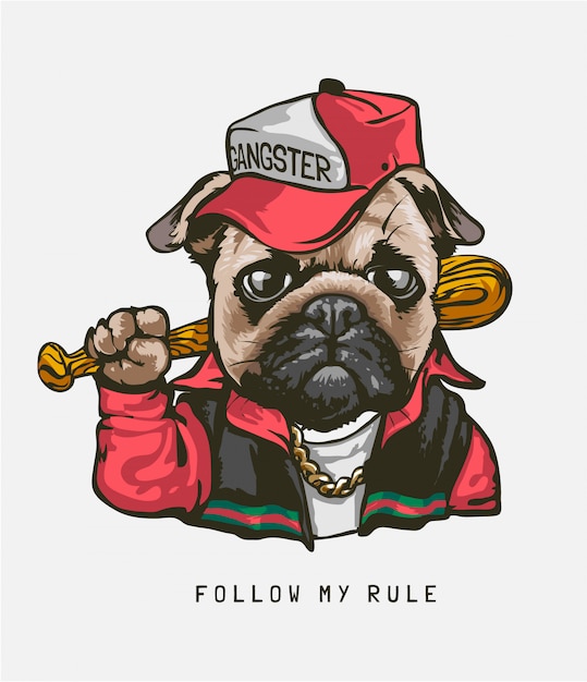 Follow my Rule Slogan with Pug Dog in Gangster Costume