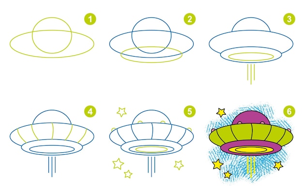 Follow step by step for drawing UFO. Worksheet for kids learning to draw alien transport.