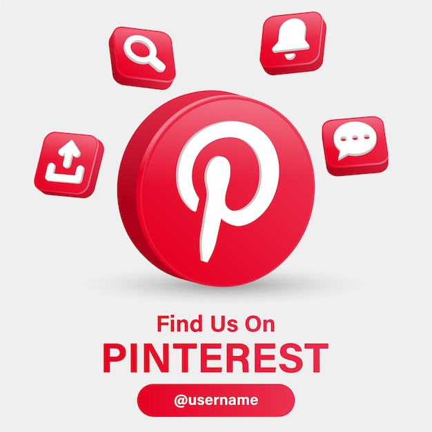 Follow us on pinterest social media logos with 3d logo in modern frame with notification icons