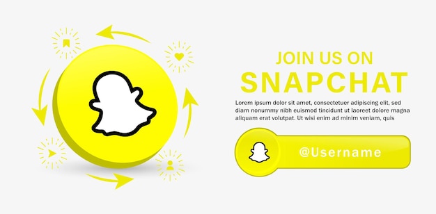 Follow us on snapchat social media banner with 3d logo and notification icons like save share