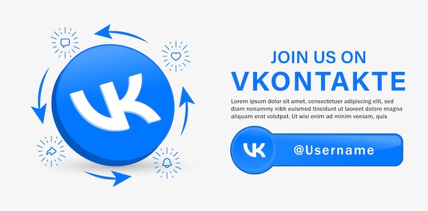 Follow us on vk vkontakte social media banner with 3d logo and notification icons like comment share