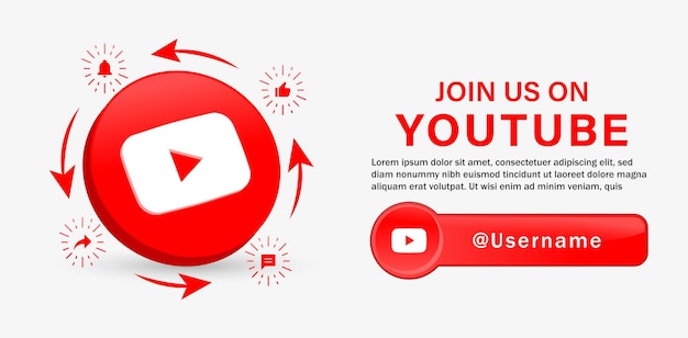 Follow us on youtube social media banner with 3d logo and notification icons like comment share