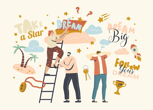 Follow Your Dream Concept with Characters Climbing Ladder Up to Clouds, Imagine Success and Wealth. People Dare Taking Star from Sky, Aspiration and Motivation Achievement. Linear Vector Illustration