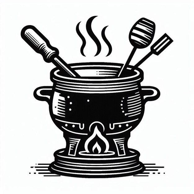 Vector fondue pot silhouette line art vector illustration on white background