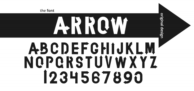 Font alphabet  with black arrow. Flat logo   typeface modern typography.