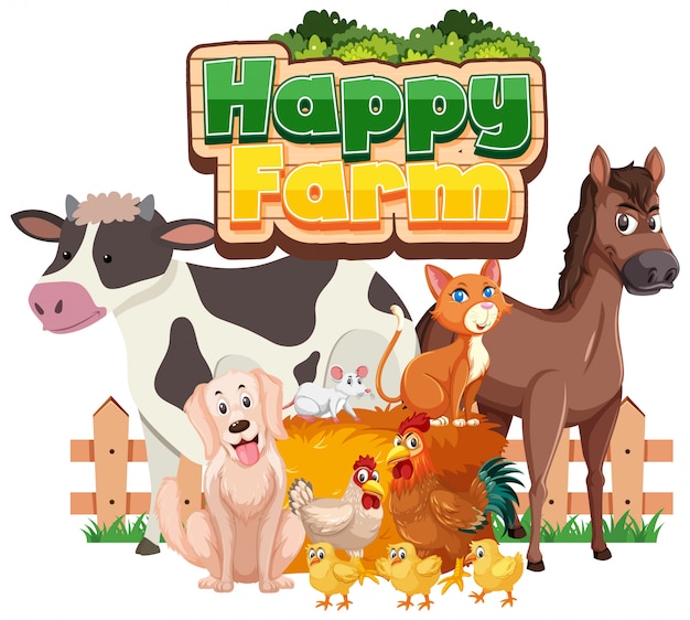 Font design for happy farm with many animals on white background