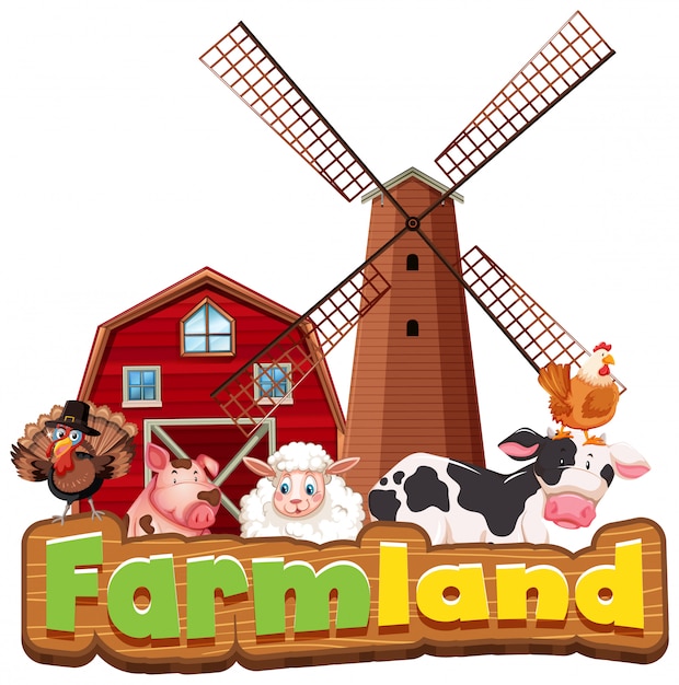 Font design for word farmland with farm animals