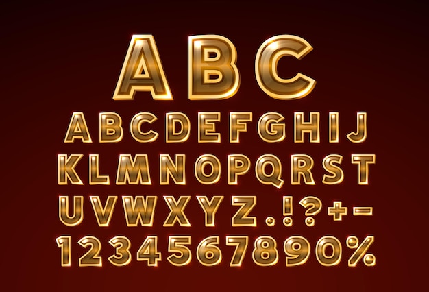 Font golden glass symbol, gold letter and numbers set. Vector illustration