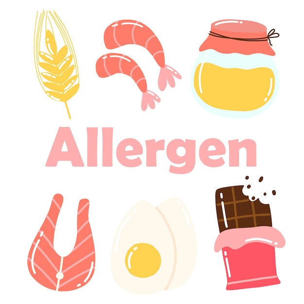 Food Allergens Allergen Products Collection Vector illustration Allergy Drawn style Allergen fish egg honey gluten