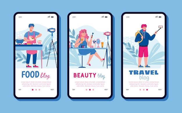 Food beauty and travel blogger mobile app set  cartoon people