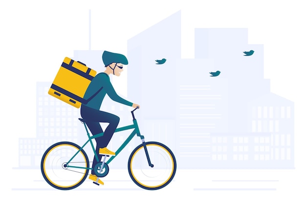 Food bicycle delivery courier Man carries parcel box on the back