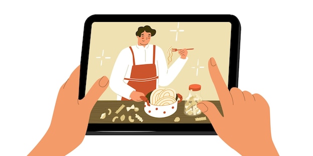 Food blogger Cooking Man cooks pasta Preparing food process Food blogging concept Chef Gadget using concept Flat style in vector illustration