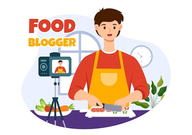 Food Blogger Vector Illustration featuring Influencer Reviewing and Sharing on the Blog at a Restaurant in Flat Style Cartoon Background