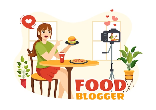 Food Blogger Vector Illustration with Influencer Review and Share it on the Blog in Flat Cartoon