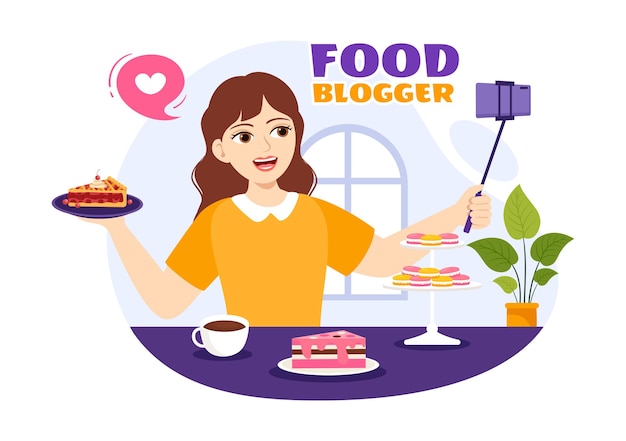 Food Blogger Vector Illustration with Influencer Review and Share it on the Blog in Flat Cartoon