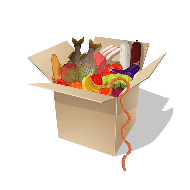 Food in box. Food delivery. Vector flat cartoon illustration