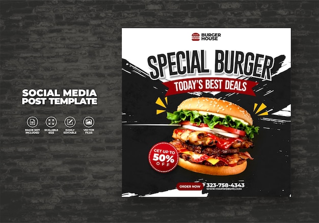 FOOD BURGER MENU AND RESTAURANT POST FOR SOCIAL MEDIA TEMPLATE VECTOR