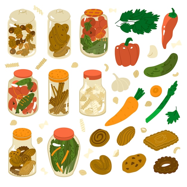 Food Collection Vegetables and cookies Glass jar with Pickled cucumbers and tomatoes pasta and nuts Home canning Preparing food for the winter Flat style in vector illustration Isolated