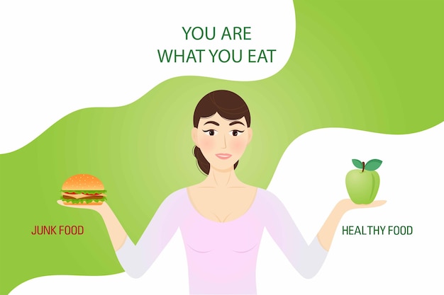 Food concept you are what you eat.Choose between healthy and junk food.Beautiful woman chooses between an apple and hamburger. Vector, cartoon style