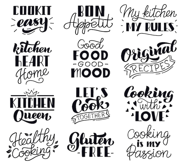 Food cooking lettering. Kitchen hand drawn typography lettering, food cooking recipes written phrases   icons set. Cook lettering hand drawn typography, written phrase illustration