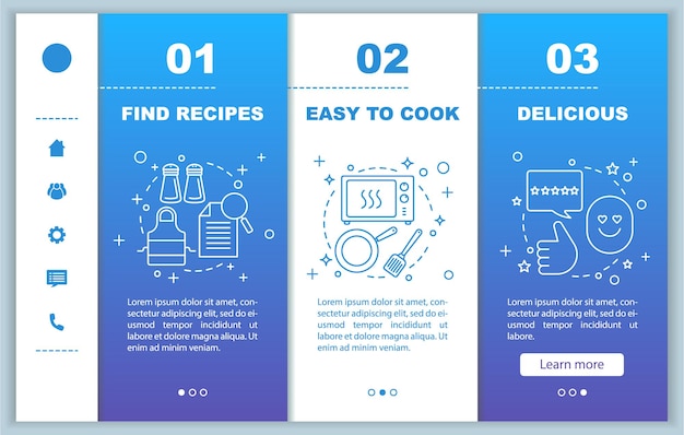 Vector food cooking onboarding mobile web pages vector template find recipes meal preparation delicious dish responsive smartphone website interface webpage walkthrough step screens color concept