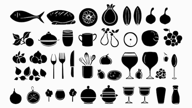 Food and cooking web icons Set of black symbols for a culinary theme Vector collection