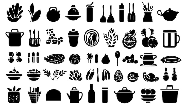 Food and cooking web icons Set of black symbols for a culinary theme Vector collection