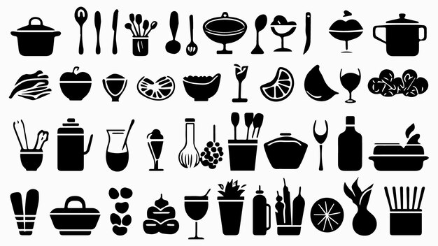 Food and cooking web icons Set of black symbols for a culinary theme Vector collection