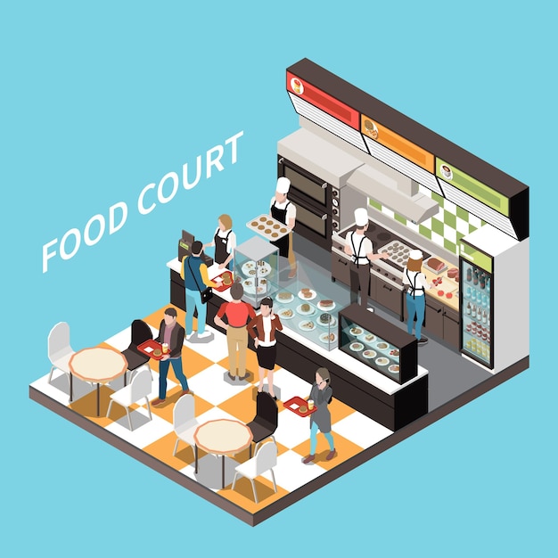 Food court coffee bar isometric view desserts display checkout counter cashier personnel customers