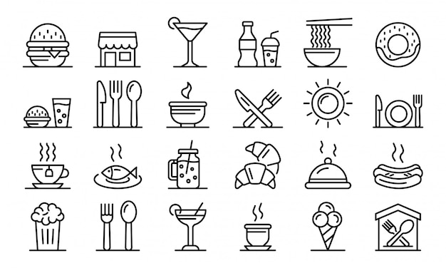 Food courts icons set, outline style