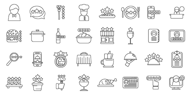 Food critic icons set outline vector Food social review Cooking critic expert