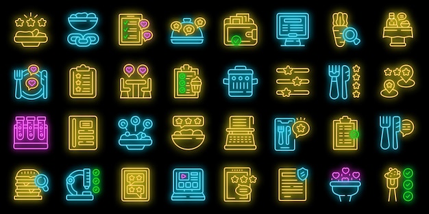 Food critic icons set vector neon