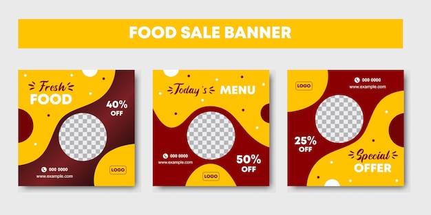 Food culinary social media post collection pack Yellow and red background colored food sale promotion web square banner abstract design template Vector illustration with photo college