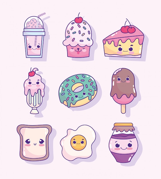 food cute frappe cupcake ice cream egg bread doughnut dessert cartoon icons