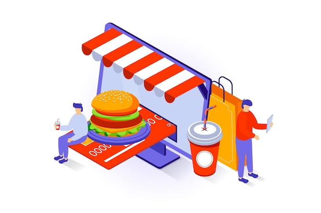 Vector food delivery concept in 3d isometric design people ordering burger and drink paying online for purchases and shipping using credit card vector illustration with isometry scene for web graphic